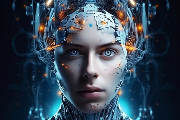 Female android face. Artificial intelligence concept. Futuristic robot head with technology neural system. AI