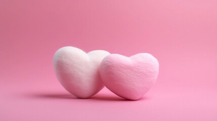 Obraz premium Two soft, fluffy hearts rest side by side on a pink background, representing love, affection, and romance. Generative Ai.