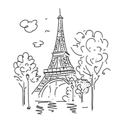 Obraz premium Eiffel Tower in the cityscape, trees and lanterns. Symbol of France. Vector illustration in a linear style.