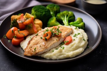 Escalope de Dinde served with mashed potatoes and steamed vegetables