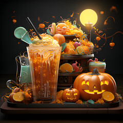 halloween symbol decorated in different types of drinks  illustations cartoon style 