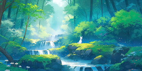 Peaceful waterfall in forest anime style with cat, generated ai