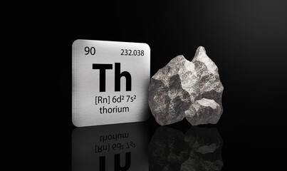 Thorium elements on a metal periodic table with greyish black metamictic Thorium on dark background. 3D rendered icon and illustration. © OleCNX