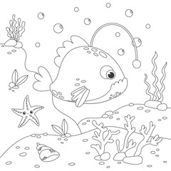 Childrens antistress coloring book with various fish, seabed and algae. Underwater life of angler fish. Vector stock illustration. Outline illustration of underwater life and marine animals. 