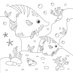 Childrens antistress coloring book with various fish, seabed and algae. Vector stock illustration. Outline illustration of underwater life and marine animals. Underwater life.