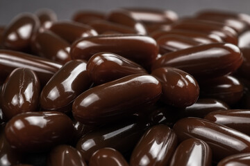 Lecithin gel pills capsule on dark background. Soy lecithin benefits for skin, digestion, lower cholesterol.