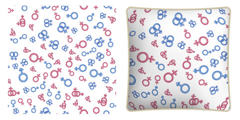 Square decorative pillow, bedroom accessory decorated Male and female symbol seamless pattern. Gender sign. Vector ornament for design of posters and printing on textile