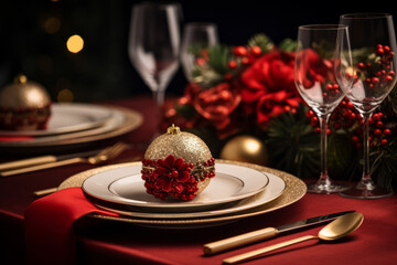 festive christmas dinner setting. Seasonal holiday dining background.