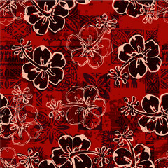 Hawaiian tapa tribal elements and hibiscus flowers patchwork abstract vintage vector seamless pattern  - 624699562