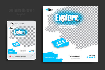 Explore world vacation social media post design template, web banner, cover to promote travel agency business offer. World travel, tourism day advertising banner with gradient color background