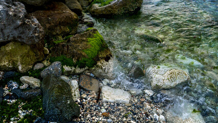 Sea waves crashing on the rocky coast showcases the majestic beauty of the ocean, with the seaweeds and algae adorning the rocks