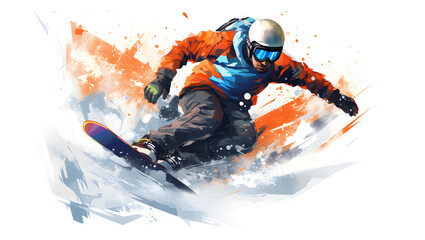 snowboarder en pleine action, illustration, fond blanc