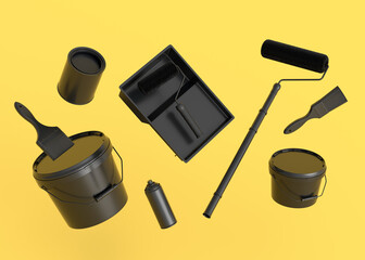 Fototapeta premium Set of metal cans or buckets with paint roller, brush and folding ladder