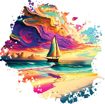 Art oil painting Sailboat and the Sea in vivid colors eps 10