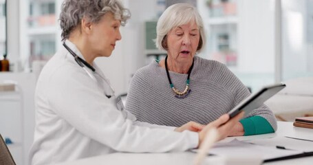 Senior woman, doctor and tablet with patient in consultation for healthcare advice or checkup at hospital. Mature medical professional talking to elderly customer on technology for medicare at clinic - Powered by Adobe