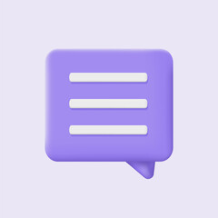 3d speech bubble icon. Square chatting box on purple background. Modern vector illustration.