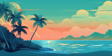 Fototapeta na wymiar Generative AI. Vector illustration of palms and a tropical beach at sunny weather. Exotic Holiday background. 