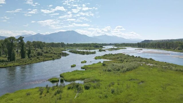 Flying upstream over the Snake River in Swan Valley Idaho on a sunny day.