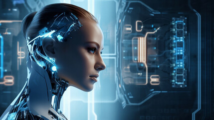 Female android face. Artificial intelligence concept. Futuristic robot head with technology neural system. AI