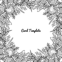 Hand drawn monochrome line art protea flower tropical square frame. Floral greeting card template