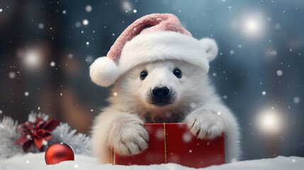 Super cute white polar bear in Santa hat with giftbox. AI generated image