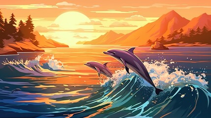 Abstract background group of dolphin. The beauty of nature comes to life in an illustration of a group of dolphins. Generative AI.
