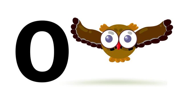 O letter big black like owl flying cartoon animation. Animal bird loop. Educational serie with bold style character for children. Good for education movies, presentation, learning alphabet, etc...