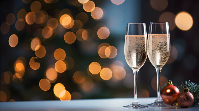 Glass of champagne. Christmas night, New Year eve. AI generated image