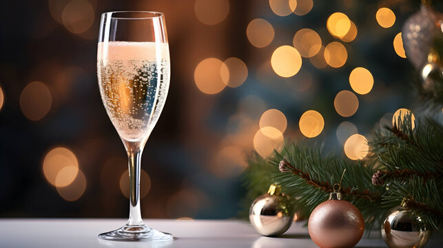 Glass of champagne. Christmas night, New Year eve. AI generated image