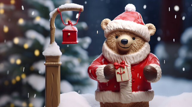 Super cute white polar bear in Santa hat with giftbox. AI generated image