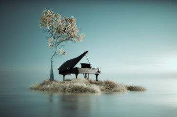 Piano on a piece of land in the water . Peaceful and silence concept.