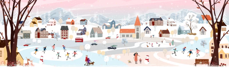 Cercles muraux Chambre denfants Christmas background,Winter Landscape in Christmas eve at night in City,Vector cute cartoon Winter Wonderland in the town,People celebration in the park on New Year,Banner Design for Holiday season
