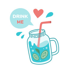 Reusable glass jar with text DRINK ME. Sustainable lifestyle, zero waste, ecological concept. Vector illustration in cartoon style. Recycling, waste management, ecology, sustainability.