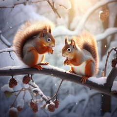 Winter game of squirrels on branches. Generation AI