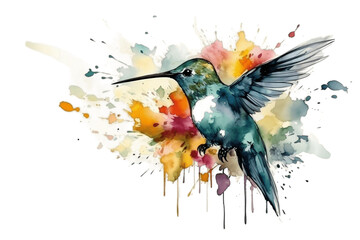 Isolated Watercolor Floral Hummingbird on Transparent Background. Generative AI