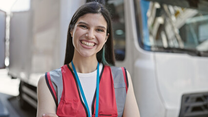 Young beautiful hispanic woman courier smiling confident standing at street