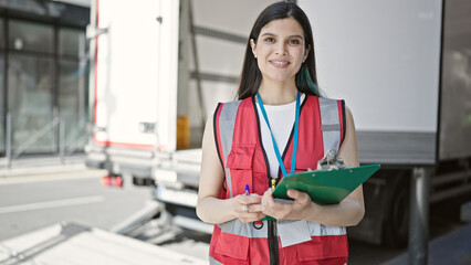 Young beautiful hispanic woman courier smiling confident holding clipboard at street