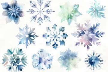 Fotobehang Beautiful watercolor snowflakes on a white background. © Iryna
