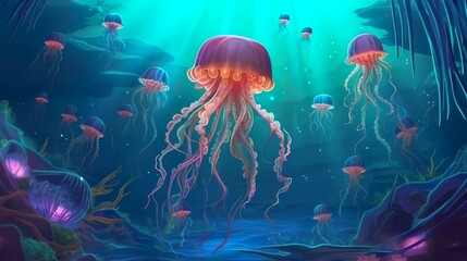 Abstract background jellyfish. A stunning banner design featuring an illustration of a graceful jellyfish against an abstract background. Generative AI.
