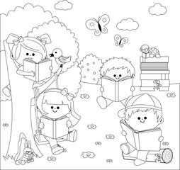 Children reading books at the park, in nature. Vector black and white coloring page.