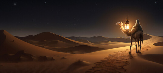 A camel carrying a lantern at night in the desert with sand dunes