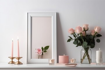 mock up of a white frame on a white wall with a rose in a vase and colorful candles. Closeup of home décor. the space bar. Generative AI