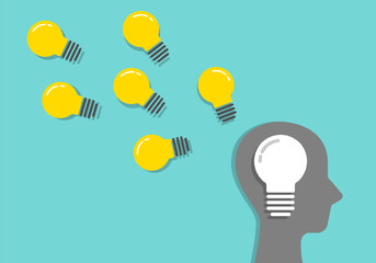 Head sign with light bulb. Problem resolve control. Understand question. Mental Problem solving, Complicated solution. Confusion clarity. Psychotherapy, Brainstorming, Communication symbol concept