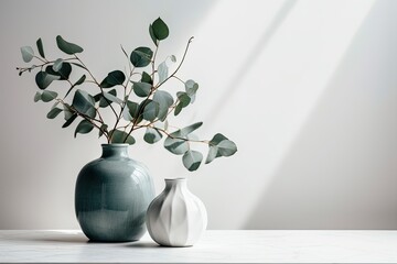 Minimalist still life with a white wall, a white table, and a green eucalyptus branch. Generative AI