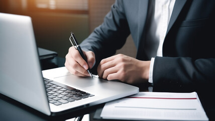 Crop close up midsection businessman use laptop, write email letter to business partner or client. Use computer mobile consult online on gadget, working from home, portable office. Ai generative.