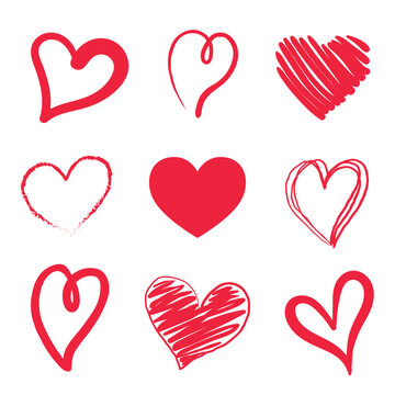 Hand drawn red hearts icons isolated on white background. Valentin's Day symbol. Vector illustration, flat cartoon style