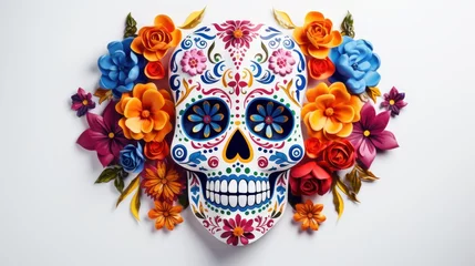 Papier Peint photo Crâne Mexican Sugar Skulls on White Background, Day of the Dead, Halloween Dia De Los Muertos. Generative Ai