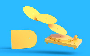 Set of Hi-fi speakers and DJ turntable with vinyl LP record on heap of covers