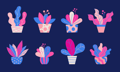 Colorful flat flower pots. Trendy flat cartoon style vector illustration for floral banner, cover design, poster 