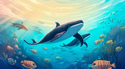 Abstract background whales. Wonders of marine life with an illustration that depicts a whale in its natural habitat amidst an abstract ocean backdrop. Generative AI.